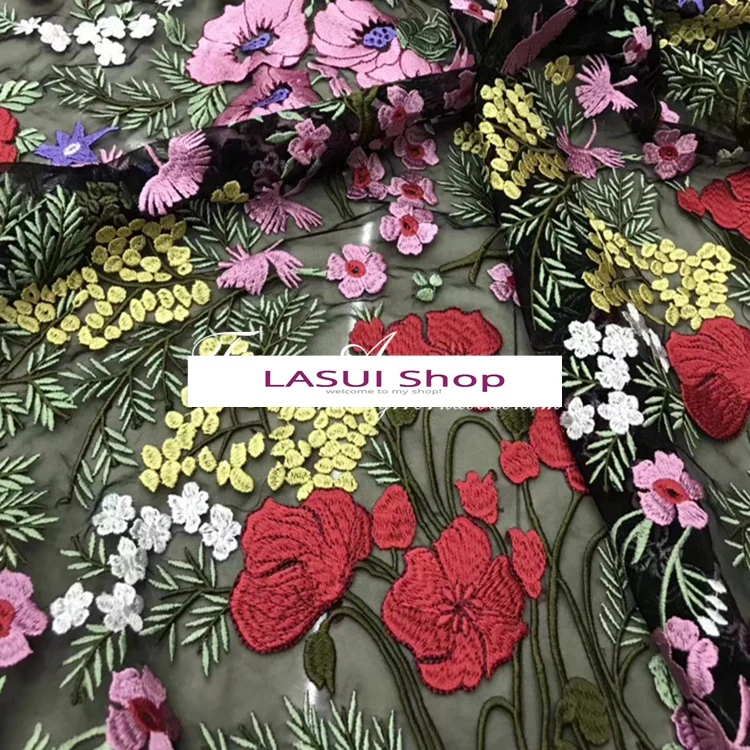 LASUI 1y высокое качество красочные бегония цветы водорастворимые вышивка черная сетка Кружево Ткань DIY свадебное платье Мода X0477