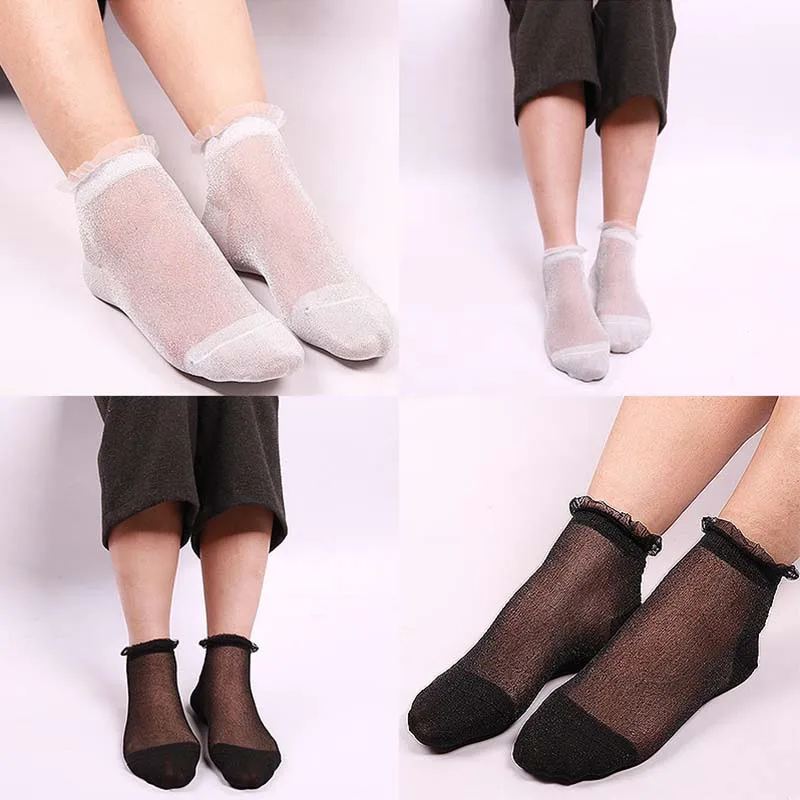 Модные женские носки прозрачные шелковые кружевные сетчатые блестящие короткие