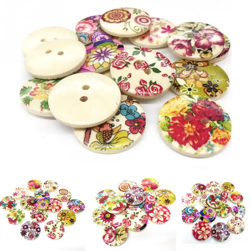 50 шт. круглые деревянные пуговицы Craft Скрап Швейные Цветочный принт Винтаж