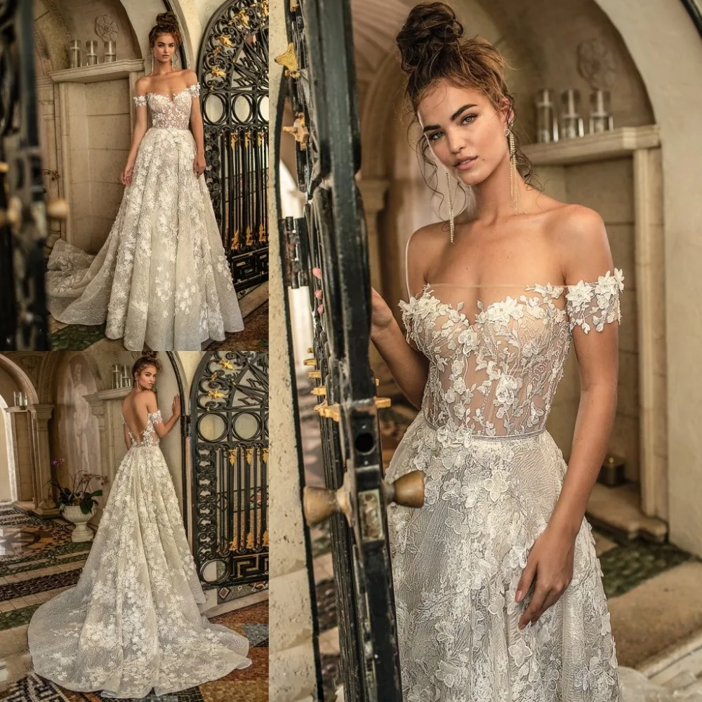 

2020 Sexy Wedding Dress Backless Off the Shoulder Lace Applique Beach Bridal Gowns Sweep Train Vestido De Novia