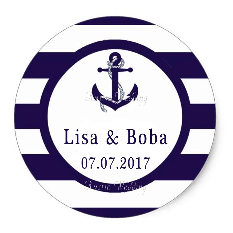 

Custom Stickers -The Nautical Anchor Navy Stripe Wedding Collection Classic Round Sticker,Labels ,Customized Name and Date
