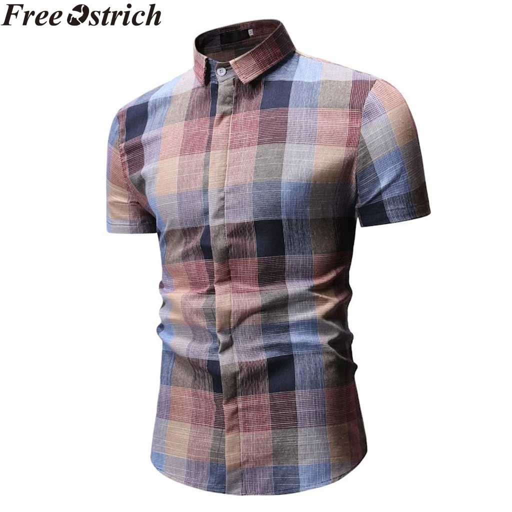 Summer Men's Shirt Short Sleeve Plaid Gradient Fashion New arrive Lapel Casual Tops Business Social Plus Size Men Pocket | Мужская