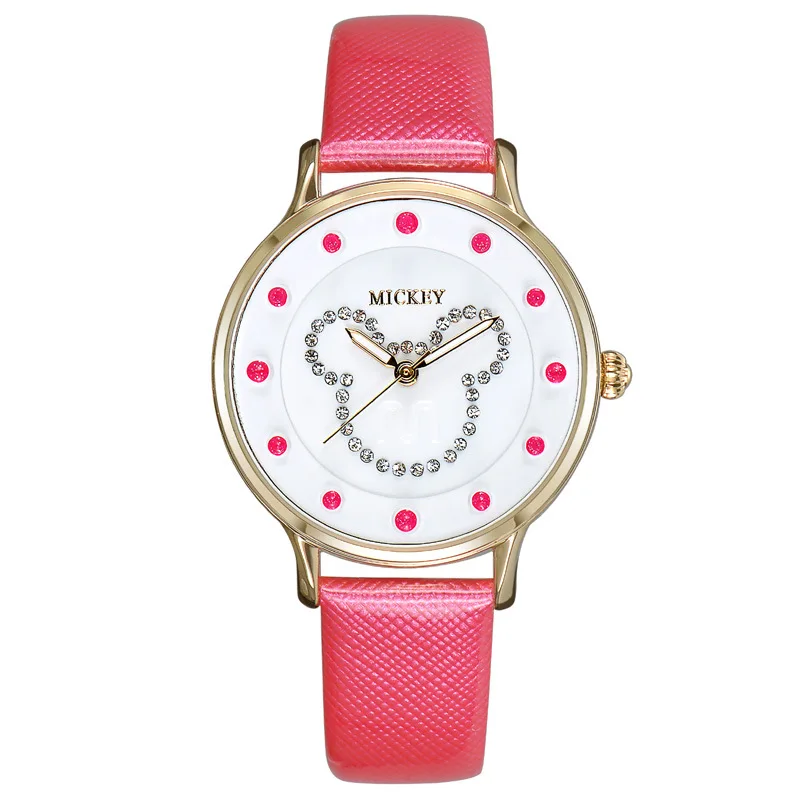 Женские роскошные круглые часы с Микки Маусом из натуральной кожи со стразами