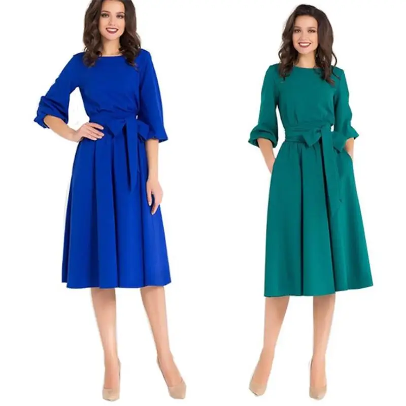 Женское винтажное однотонное платье трапециевидной формы с рукавами-фонариками