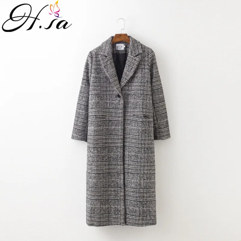 H. sa 2017 осень зима длинные пальто корейский клетчатая куртка теплое шерстяное