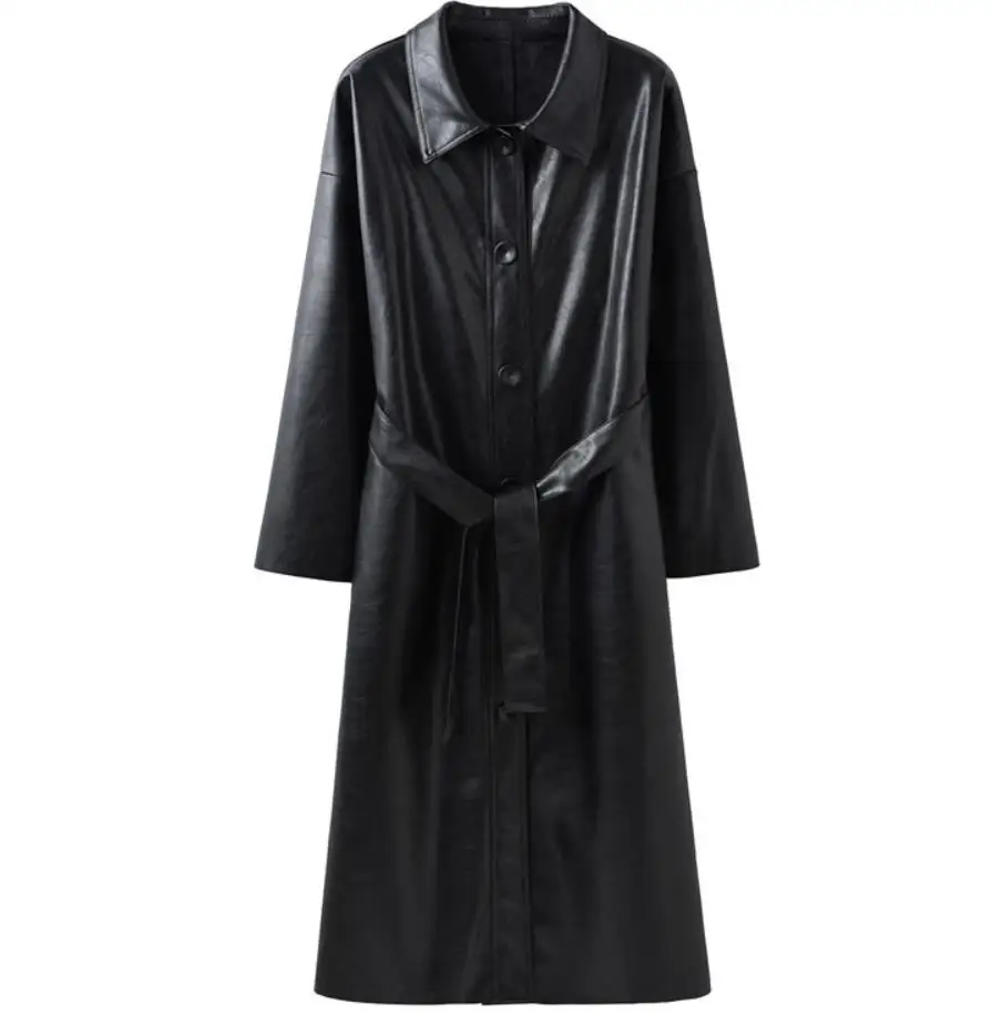 black spring autumn Fashion new PU leather windbreaker slim temperament women belted trebch coat - Цвет: black