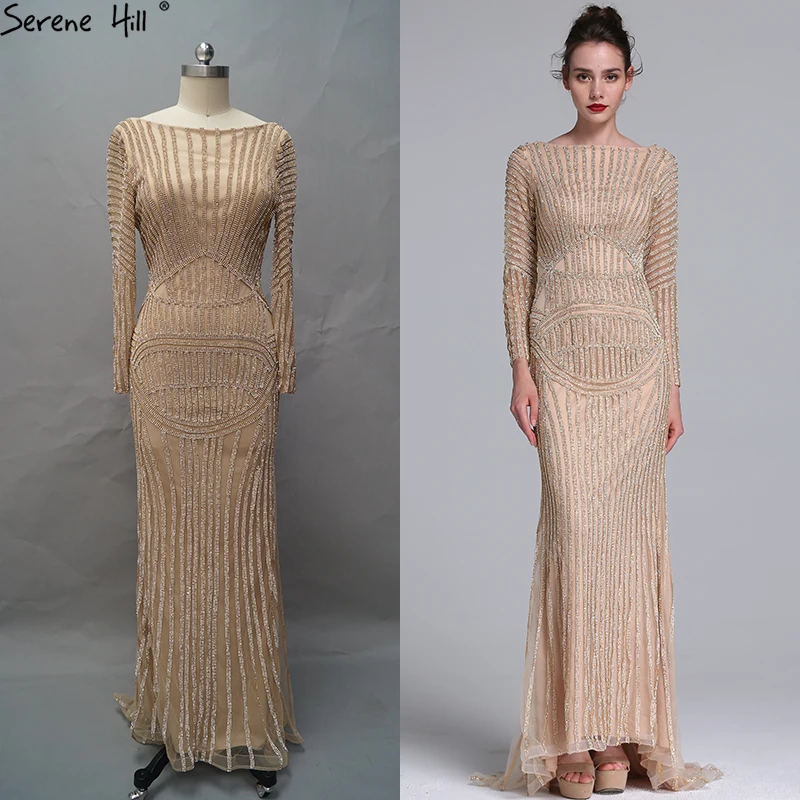 Sexy Gold Nude Mermaid Diamond Evening Dress Long Sleeves Luxury Gowns 2021 Serene Hill LA6015 | Свадьбы и торжества