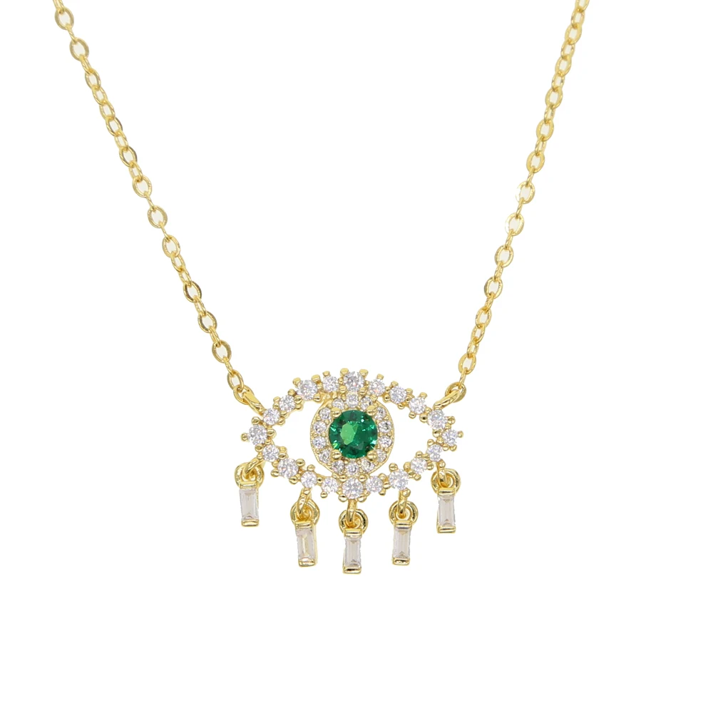 

White green cubic zirconia turkish evil eye pendant necklace Gold color baguette cz drop eye jewelry