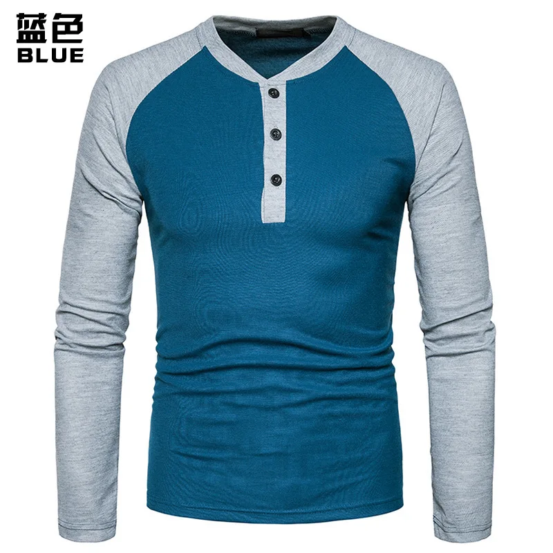 Blue Новая модная Мужская хлопковая футболка с круглым воротником и длинным рукавом для фитнеса большого размера, пуловер из эластичной ткани - Цвет: Blue