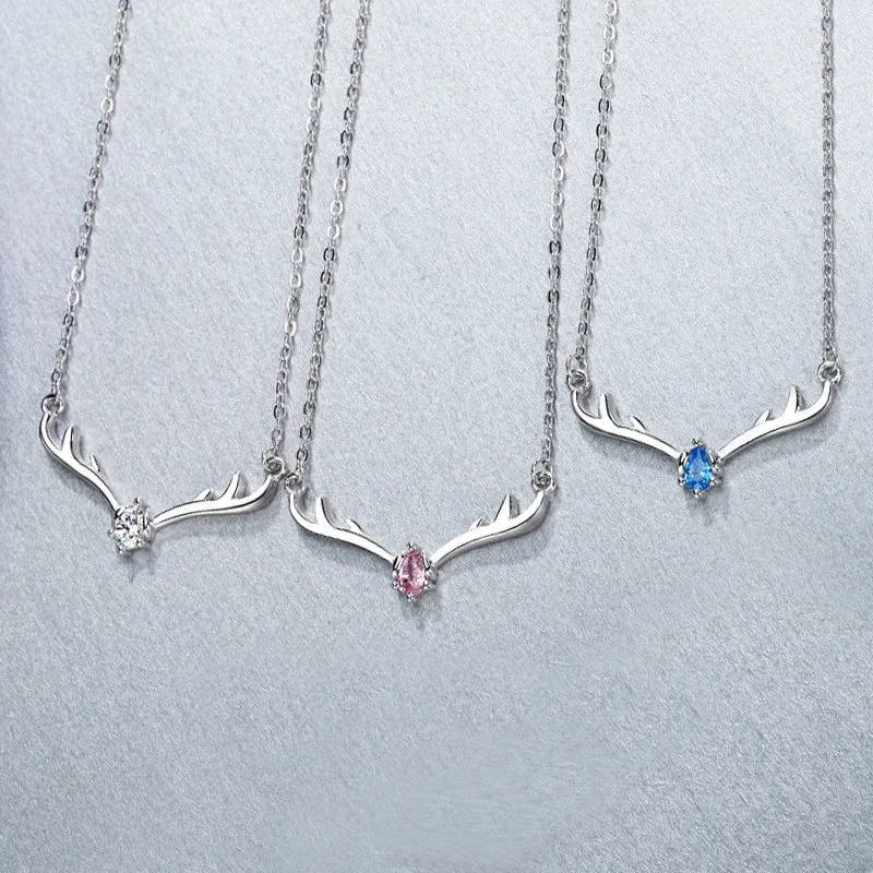 Zircon Elk Deer Horns Silver Color Necklace Pattern Trendy Cute Style Female Clavicle Chain Simple Accessory Christmas Gift Украшения и
