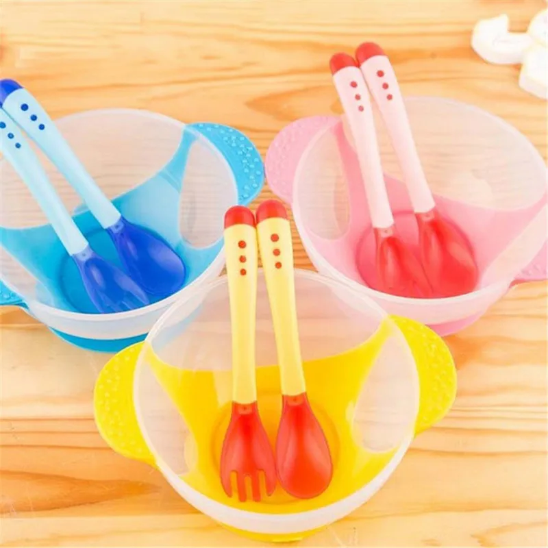 

Bowl Spoon Dish Fork 3PC Baby Kids Bowl Baby Temperature Sensing Spoon Bowl Learning Dishes With Suction Cup Assist food