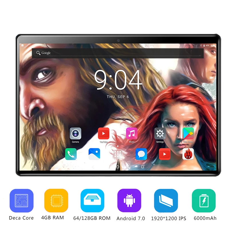 Горячий 10 дюймов Tablet PC Дека Core Оперативная память 4 ГБ Встроенная память 64/128 ГБ ОС Android 7,0 10 ядер 1920*1200 ips 2.5D стекло для экрана+ подарки