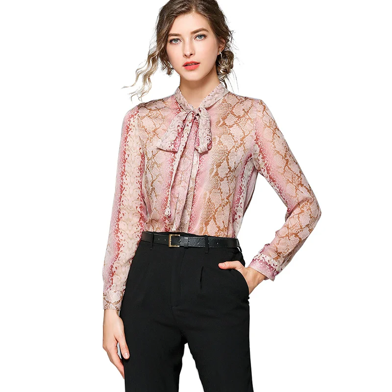 Ttytree Summer Autumn Fashion Blouses Pink Leopard Casual Shirt Women Bow Tie Single-breaste Silky Tops Office Lady Shirts |