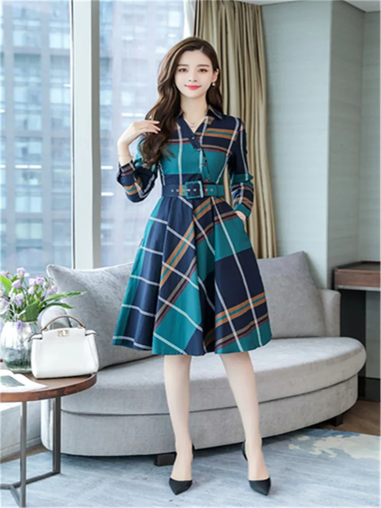 Green Long sleeve Элегантное клетчатое платье с поясом для женщин, летнее Повседневное платье-рубашка, Женская повязка для одежды с поясом, Сетчатое платье с принтом, большие размеры - Цвет: Green Long sleeve