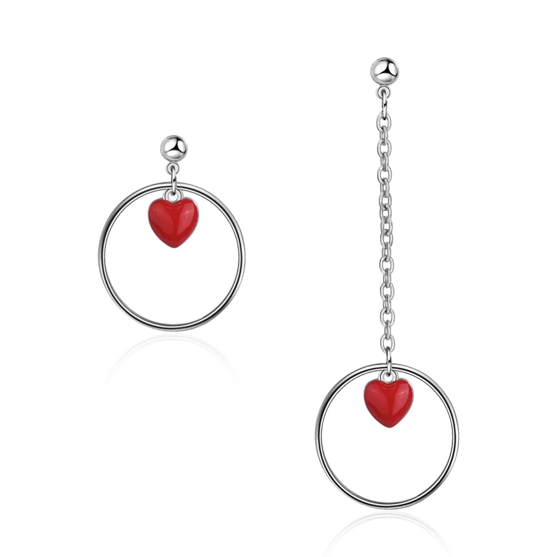 Серьги асимметричные женские из серебра 925 пробы с красным сердцем