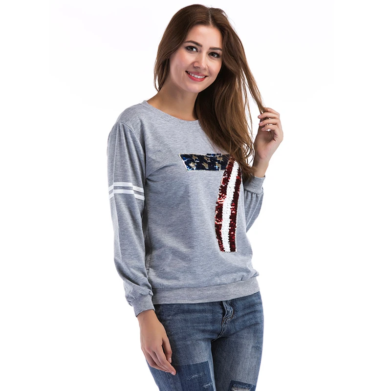 Европа Осень Повседневная Уличная футболка женская мода номер 7 блестки для