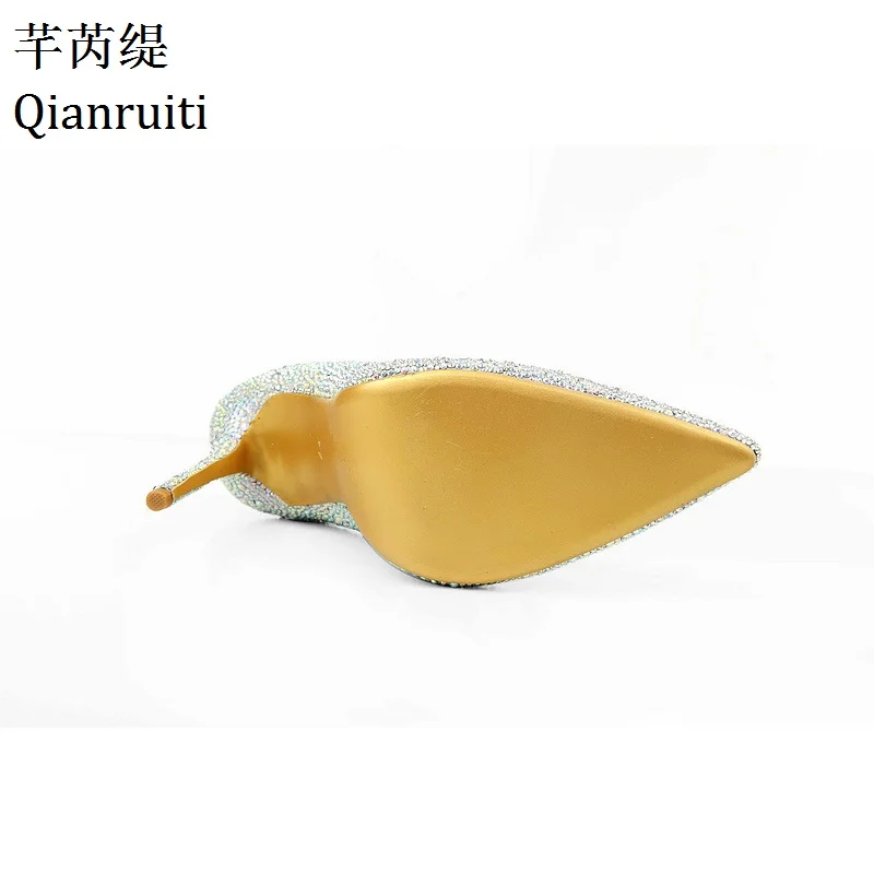 Qianruiti/серебристые женские туфли на высоком каблуке украшенные стразами