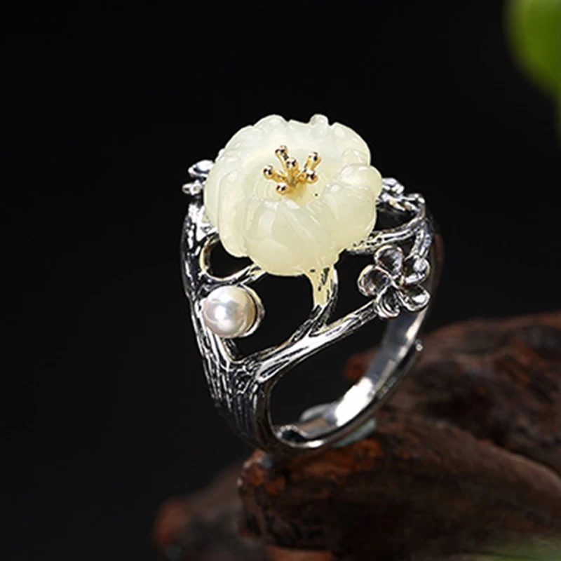 

S925 Sterling Silver Thai Silver Nature White Jade Natural Pearl Ring Vintage Classical Plum Flower Leaf Women Open Rings