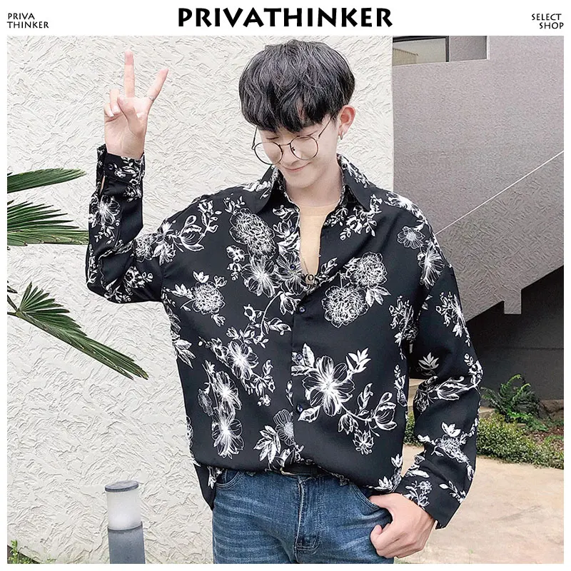 Privathinker Мужская рубашка с цветочным рисунком 2018 корейская модная длинными