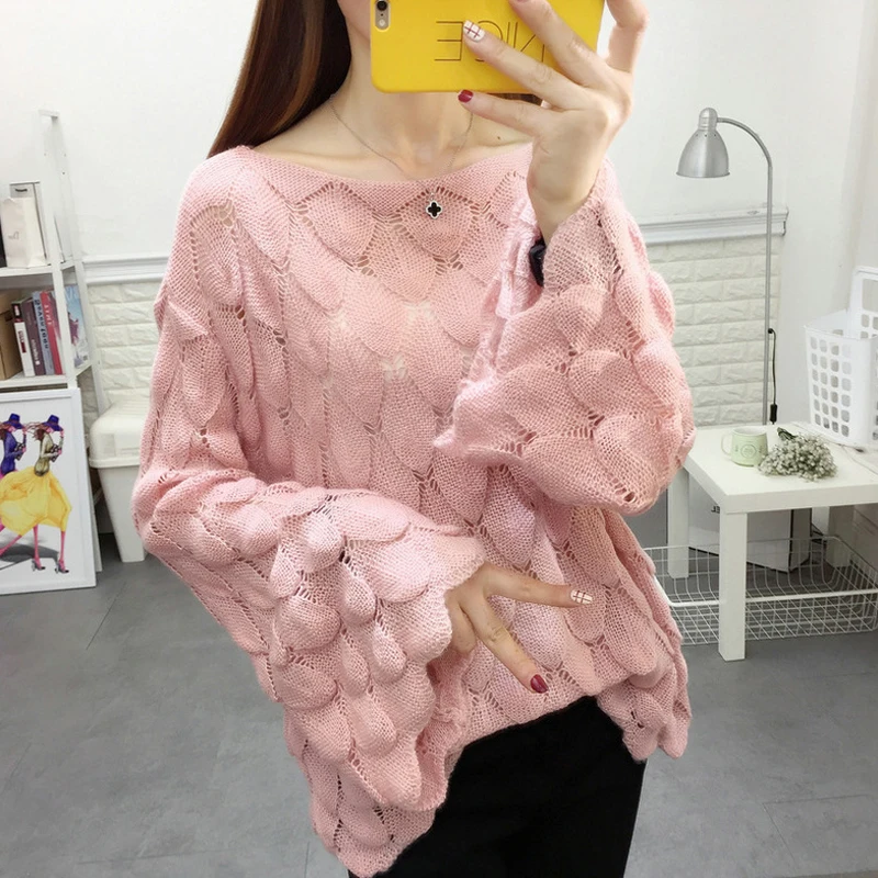 Women Spring Sweater Hollow Out Transparent Female Korean Style Jumper Sweer Flare Sleeve Ladies Pullover | Женская одежда