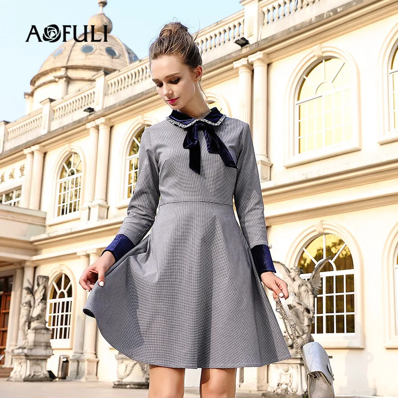 AOFULI L XXXXL 5XL плюс размер платье 2017 женское с длинным рукавом Осень Зима плед печати