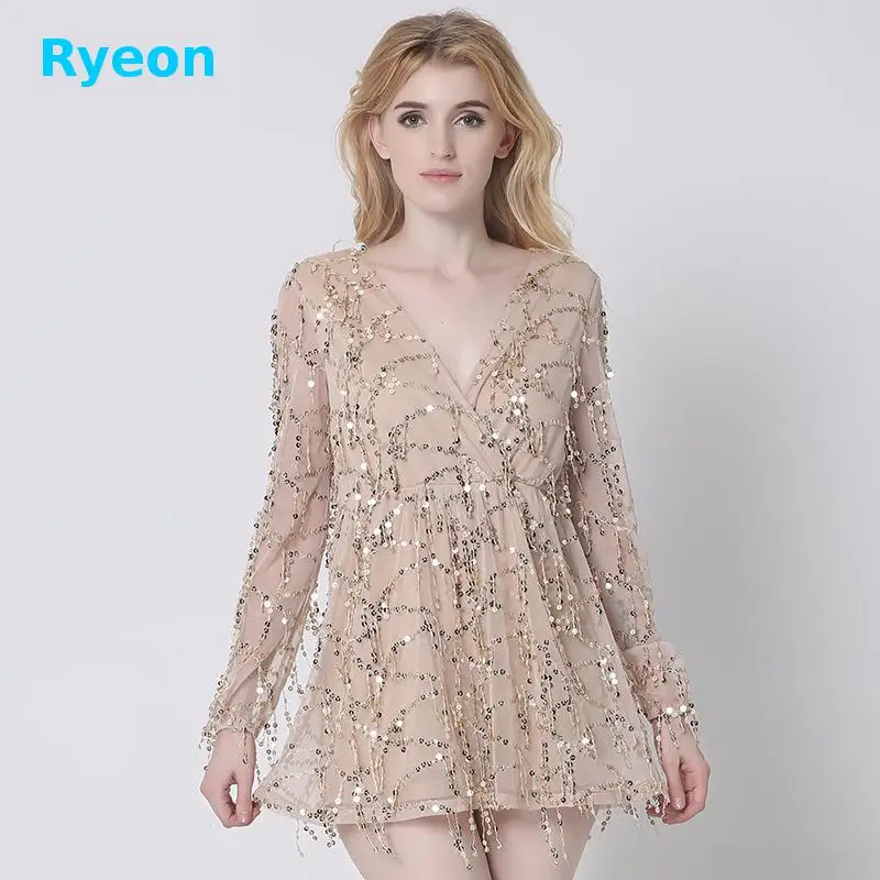 Ryeon 2017 Блестками Женщины Туника Платья Sexy прозрачный Сетки Ткань Вышивки