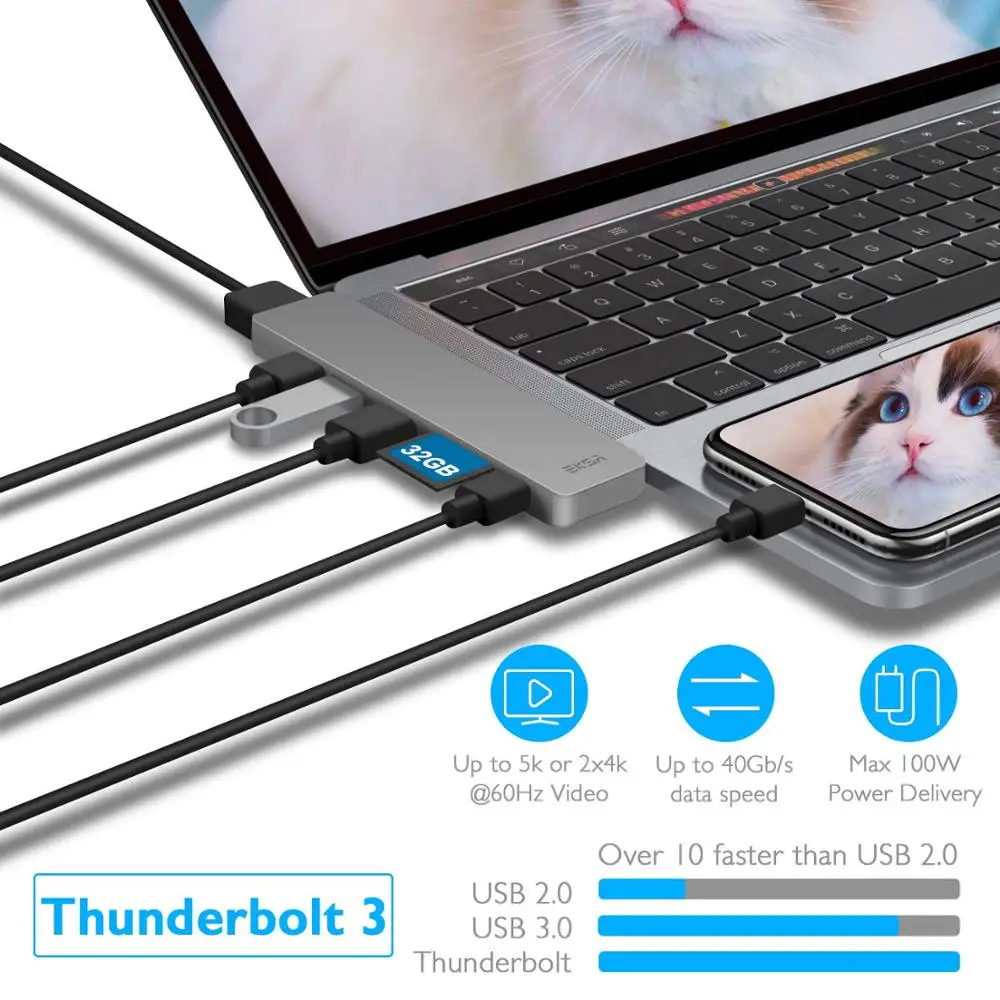 Usb хаб EKSA Thunderbolt 3 с HDMI 4K type C адаптер PD USB 0 портом для MacBook Pro2016/2017/2018/Air 2018 7 в 1|USB-хабы| |