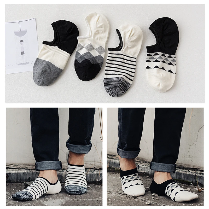 

Gift Box summer fashion invisible boat socks for men cotton pattern sock male non-slip low sock slippers 4pairs/lot