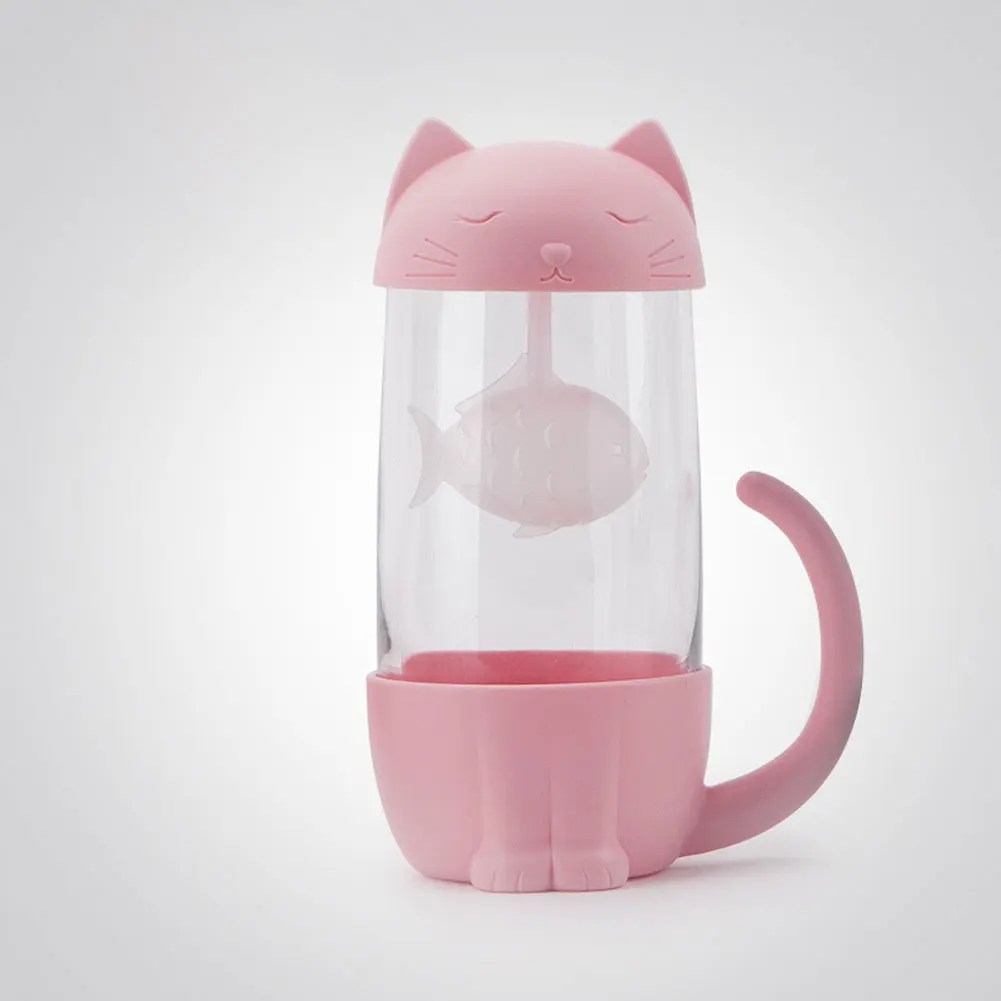 Stylish Hot Sale Lovely Glass Cup Tea Cat with Fish Filter Strainer Glass Cup Tea Infuser Filter Mug Home Office Container Gift