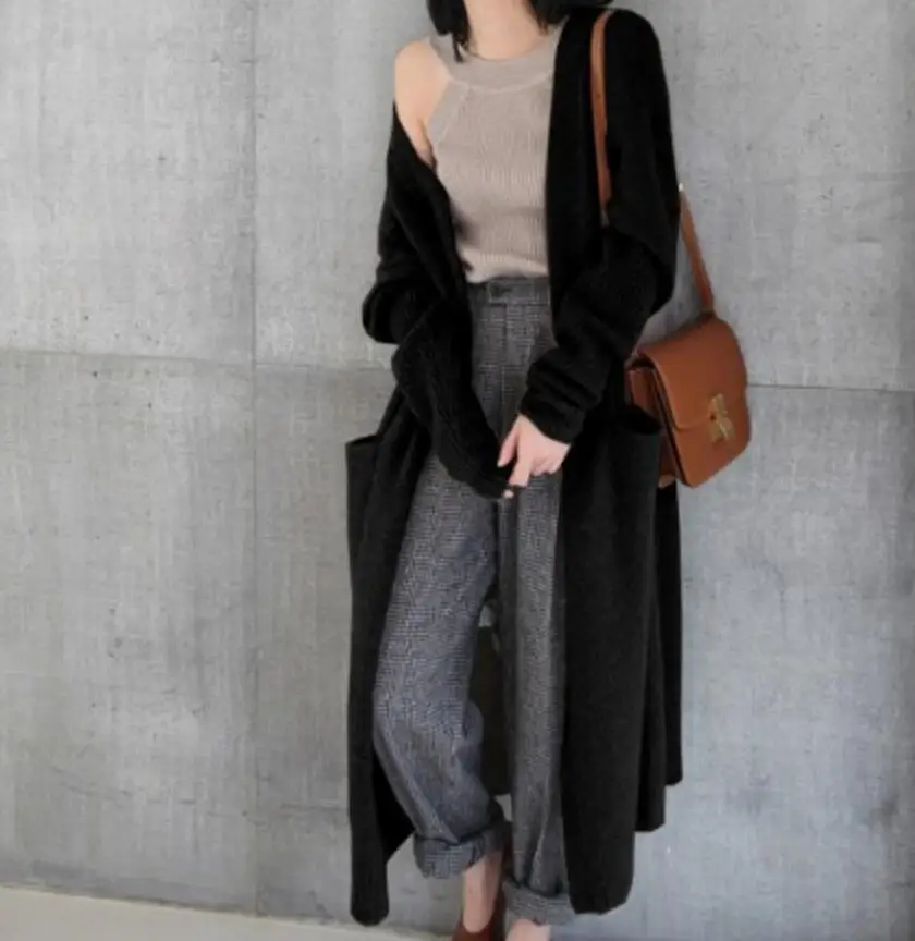 

2019 new sweater coat women Korean knit cardigan solid color long-sleeved long coat autumn winter Windproof outerwear free size