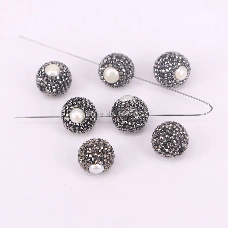 12PCS Natural pearl beads round ball shape side hole pave black rhinestone crystal fashion jewelry ZYZ160-9902 | Украшения и
