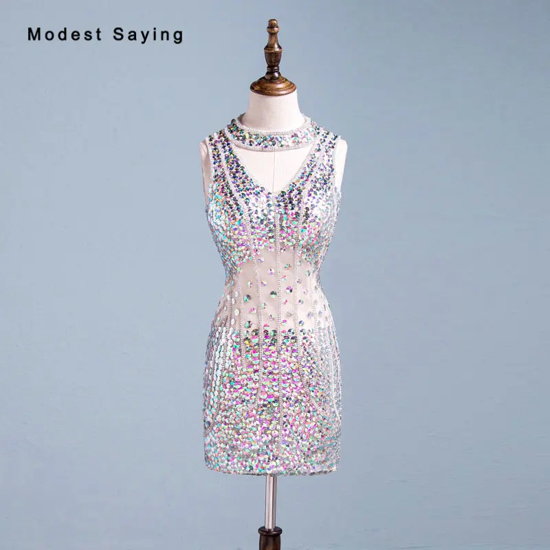 

Real Sexy Luxury Party Dress See Through Diamond Rhinestone Beading Mini Cocktail Dresses 2018 Girls High Neck Short Prom Gowns