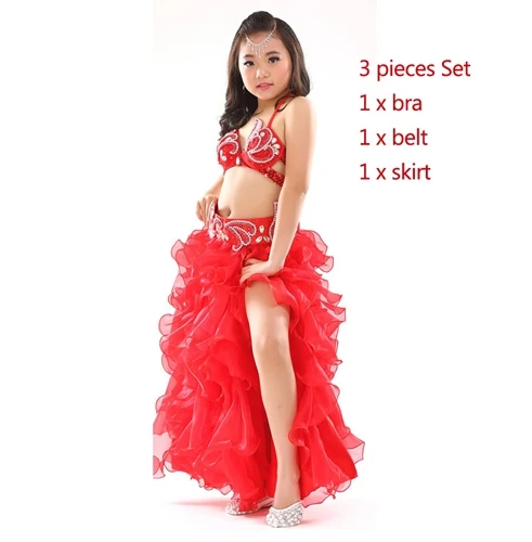 Red bra belt skirt Детская сценическая одежда для танца живота, комплект из 3 предметов, Восточный Костюм, бюстгальтер, пояс, юбка для девочек, набор костюма для танца живота для детей - Цвет: Red bra belt skirt