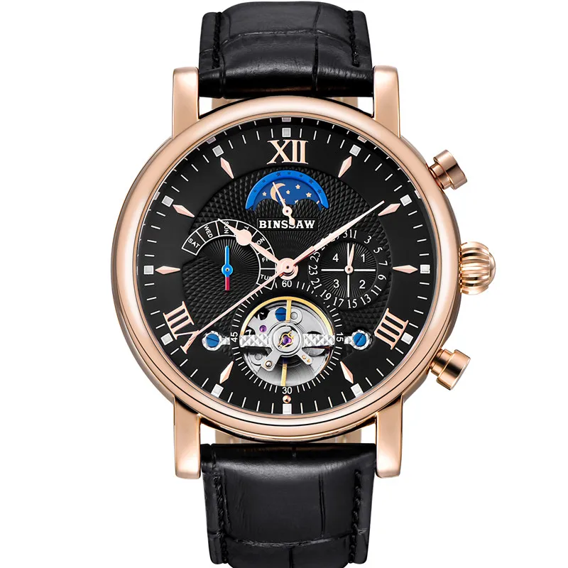 BINSSAW Reloj Мужские механические часы Автоматические турбийон бизнес кожа Montre Homme Moon Phase спортивные часы Zegarek Meski - Цвет: ZL-Black
