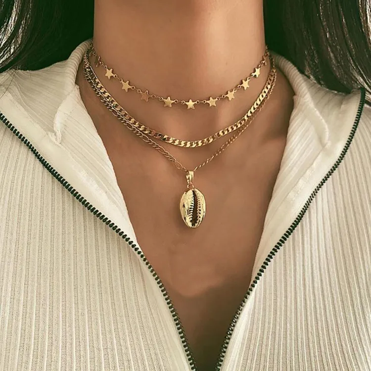 Bls-miracle Fashion Multi layer Shell Necklaces& Pendants For Women Trendy Charm Gold Chain Choker Necklace Ladies Jewelry - Окраска металла: NE-0175-3