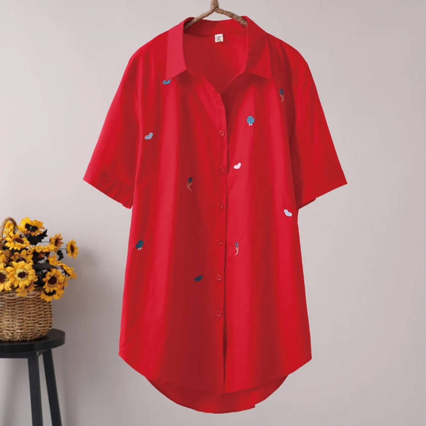 New Arrival Women Heart Embroidery Long Cotton White Blouse Summer Short Sleeve Female Shirt Turn-Down Collar Top T96405F | Женская