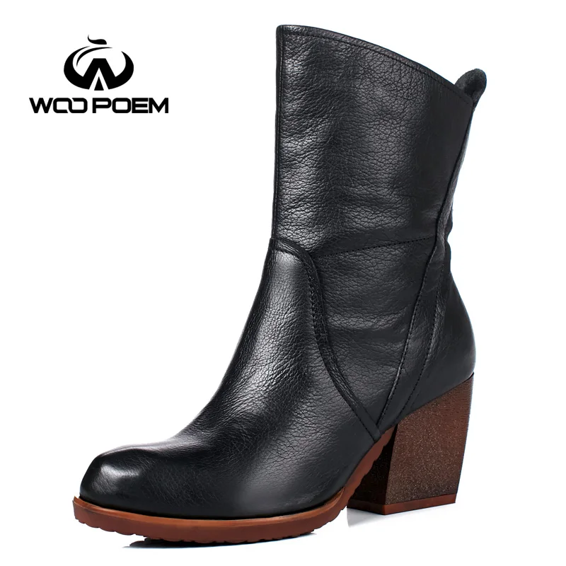 Сапоги женские из натуральной кожи на высоком каблуке до середины икры|genuine leather