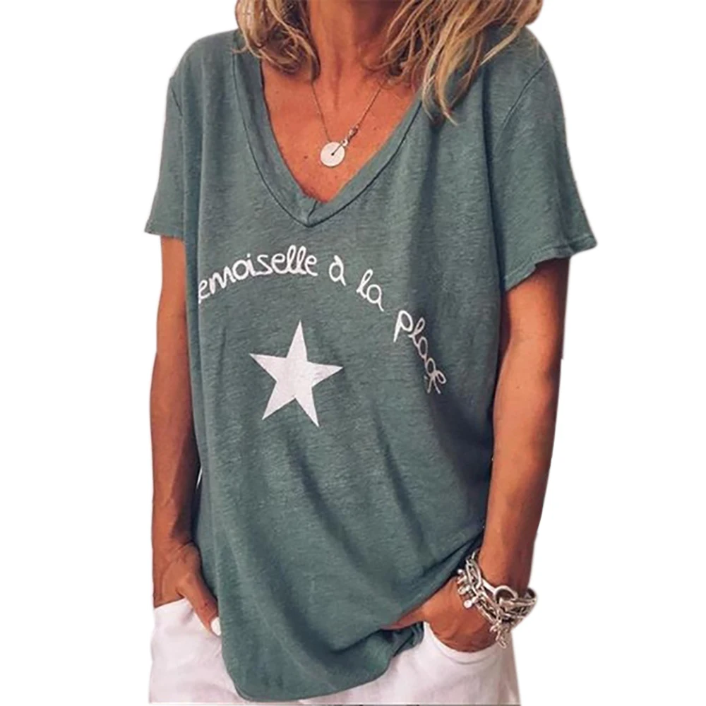 Летняя Повседневная Женская рубашка с коротким рукавом и v-образным вырезом, топы с буквенным принтом, женская модная свободная Осенняя хлопковая однотонная блузка, верхняя одежда