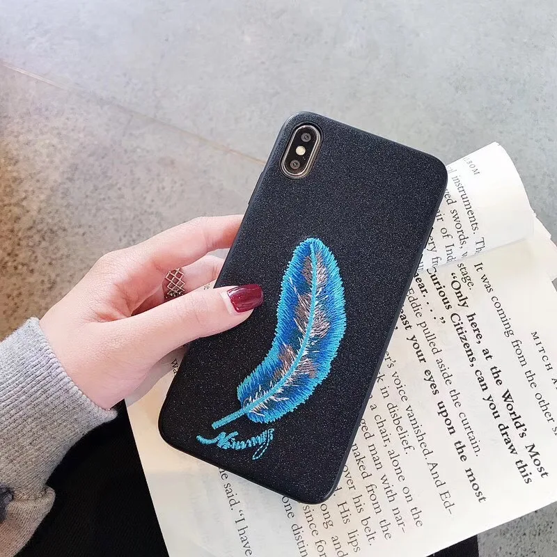 Embroidery Feather Matte Case for iphone7/8plus Phone Cover iphone 6s case xs max Girls Funda para Back |