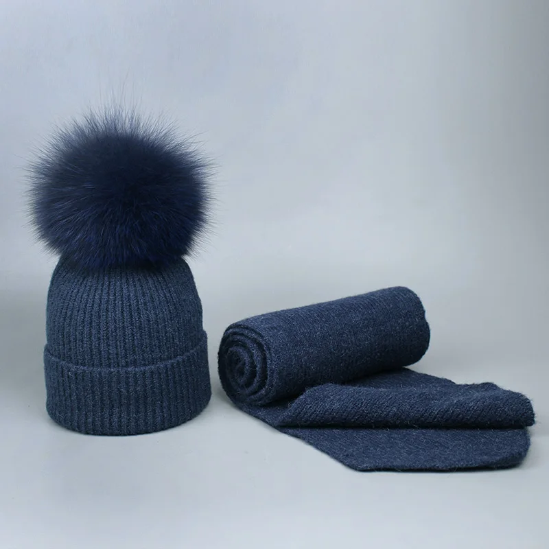 I Для девочек Pom Beanie теплая вязаная Bobble меховым помпоном шапка и шарф комплект натуральным лисьим мехом помпоном зимняя шапка skullies - Цвет: I