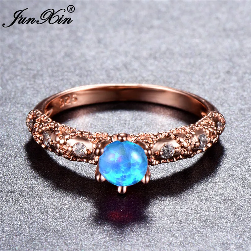 JUNXIN Мужской Женский Белый/Синий огненный опал кольцо Мода 18KT розовое золото