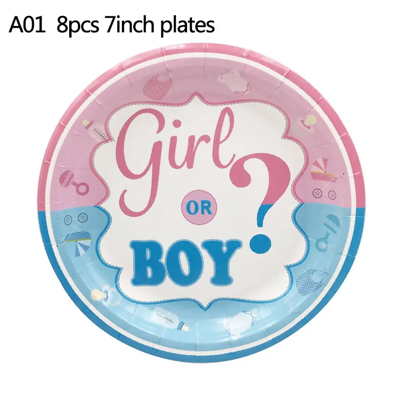 A01 8PCS 7inch plate Пол Reveal одноразовые столовые приборы для вечеринки для девочек или мальчиков Салфетка под тарелку кружку скатерть нож вилка ложка вечерние принадлежности набор - Цвет: A01 8PCS 7inch plate
