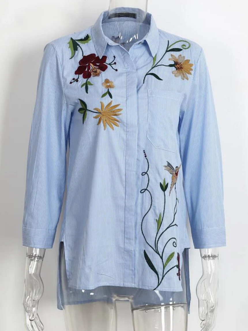 Модная женская блузка с вышивкой Свободная длинным рукавом Лето 2017 Повседневная