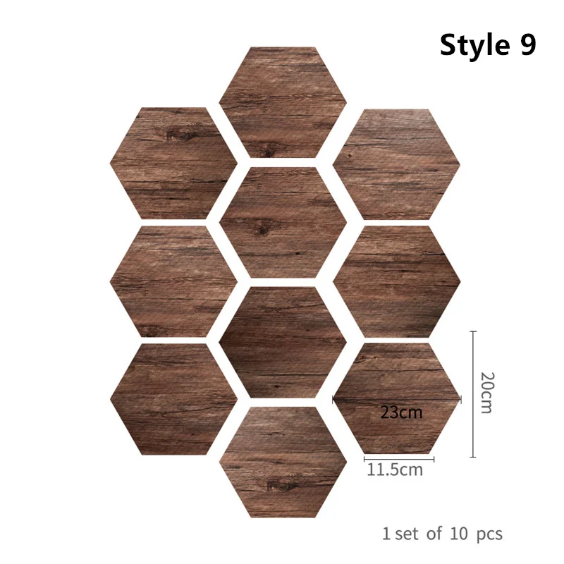 Style 9 10 шт водостойкие шестигранные формы деревянные зерна шаблон стены пол наклейки для кухни гостиной - Цвет: Style 9