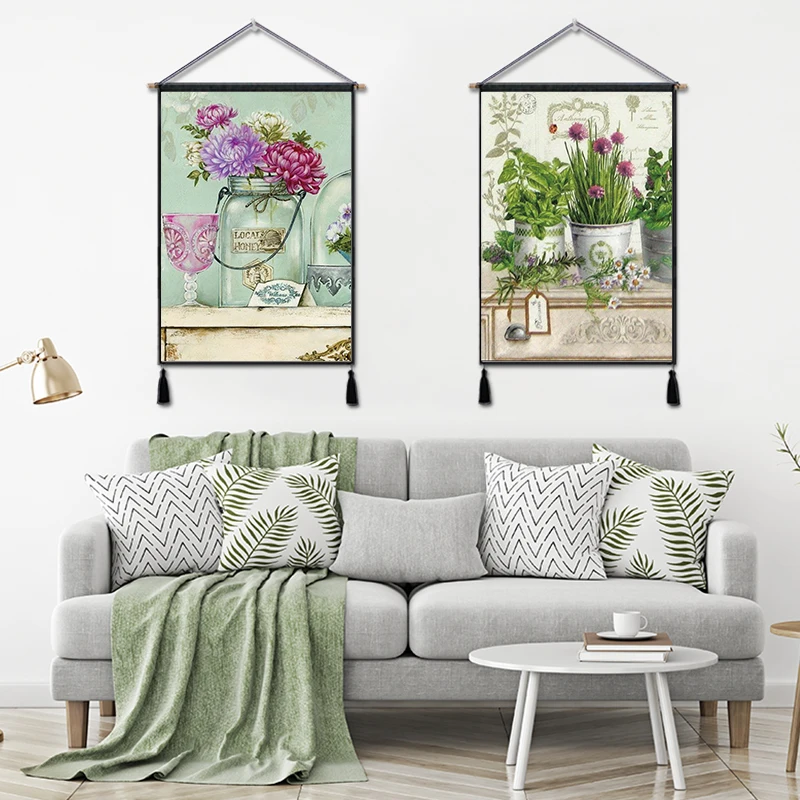 Silstar Tex Art Home Decor Wall Hanging Tapestry Cotton Linen Background Painting Flower Vase Green Plants 65X45 cm | Дом и сад