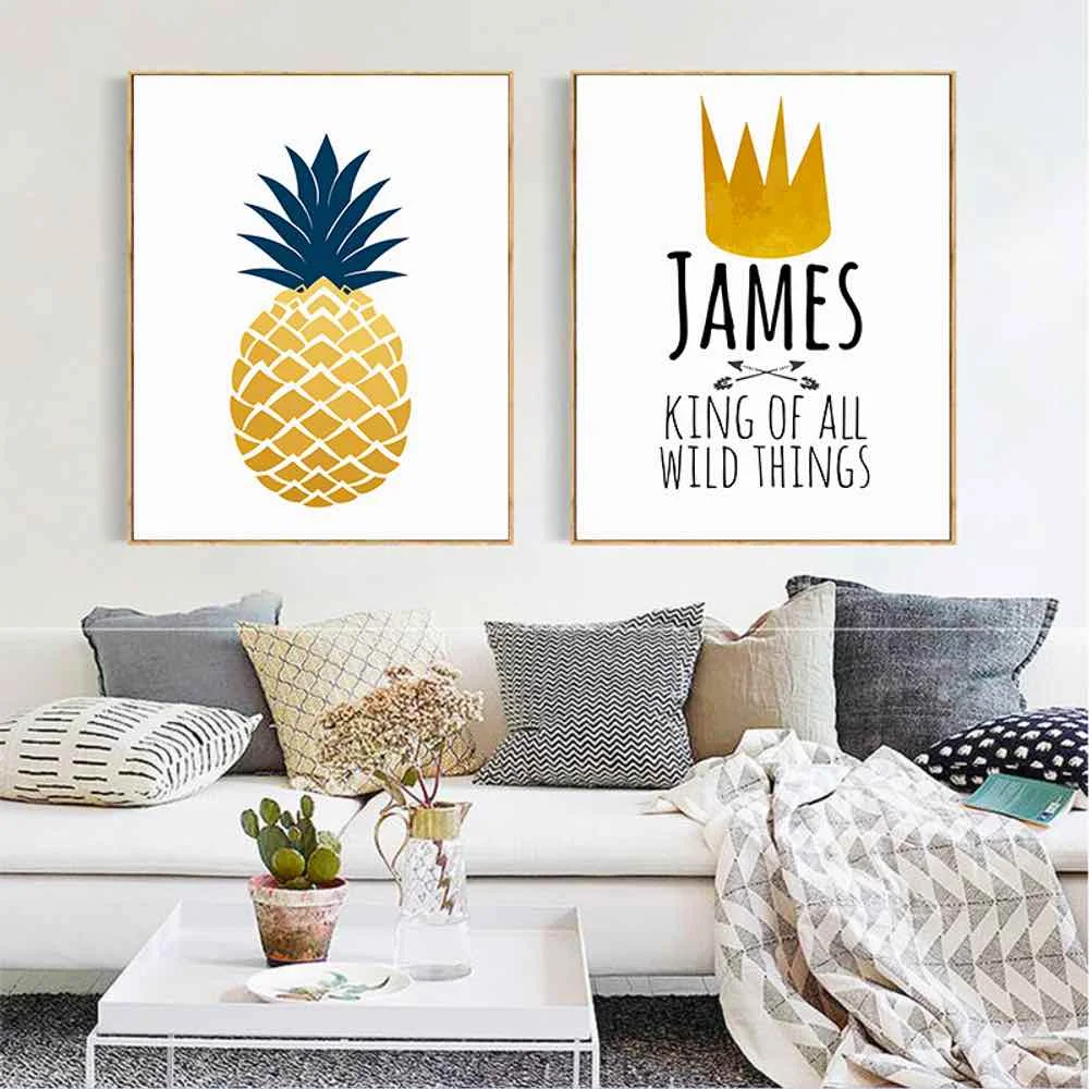 

HAOCHU Yellow Pineapple English Canvas Painting Living Room Home Decor Painting Print Poster Simple Nordic Wall Picture
