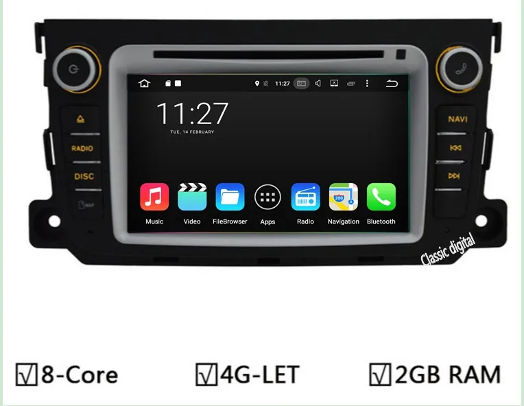 Dvd плеер GPS для Mercedes Benz Smart Fortwo 1024x600 Android 6.0/7.1 Octa core 2 ГБ оперативная память 32