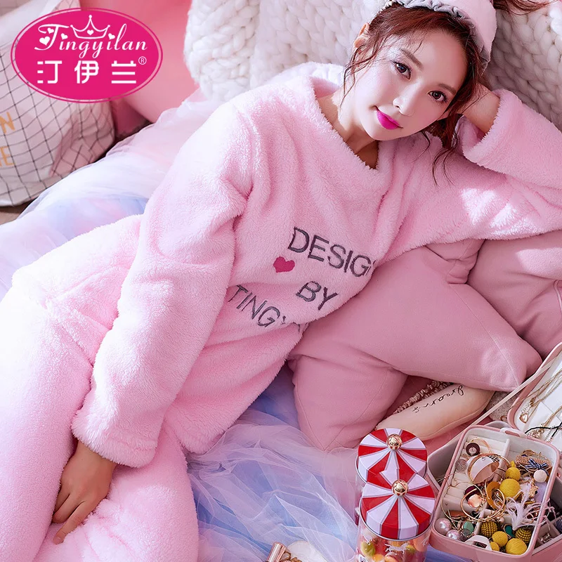 winter pajamas Осень-зима, женские пижамные комплекты, толстый теплый коралловый бархатный Пижамный костюм, фланелевая длинная Пижама, Mujer, мультяшная Пижама с надписями и животными - Цвет: winter pajamas