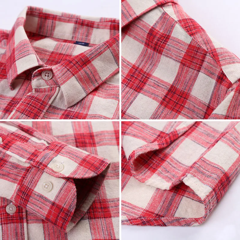 Spring Autumn Fashion Plaid Shirt Men 100% Cotton Long Sleeve Red Buffalo Check Linen Style Casual Shirts Slim Fit | Мужская одежда