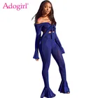Блестящий комплект из двух предметов Adogirl с серебристой проволокой, укороченный топ с бантом и открытыми плечами и длинными рукавами-колокольчиками, облегающие брюки-клеш, Высокоэластичный наряд